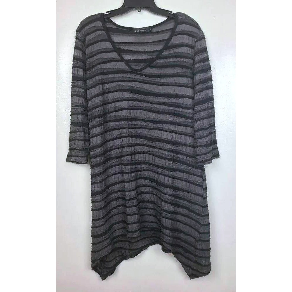 Cut Loose Tunic Top Women Small Gray Black Striped Textured  Lagenlook Artsy